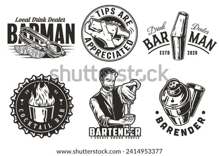 Bartender design with shot with fire, juicer and boston shaker in hands for bartending school. Vector emblem set of chromed metal equipment or cocktail bar tool for barman or barkeep.