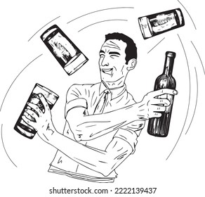 barman haciendo malabarismos con botellas vectoriales e ilustraciones, barman haciendo cócteles y haciendo dibujos de boceto de malabares, chistoso dibujo de dibujos animados de niños de bar