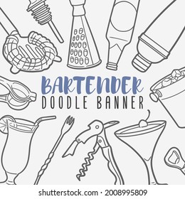 Bartender Doodle Banner Icon. Restaurant Barman Vector Illustration Hand Drawn Art. Line Symbols Sketch Background.
