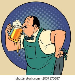 The bartender drinks beer. A man and a soft draught drink. Alcoholic pub