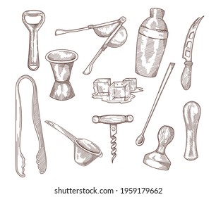 Bartender equipment kit hand drawn sketches set. Professional cocktails and coffee making tools: shaker, bar spoon, strainer, jigger, muddler. Vector illustrations in retro engraved style. Bar concept