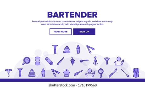 Bartender Equipment Landing Web Page Header Banner Template Vector. Bartender Shaker And Bucket With Ice, Opener And Corkscrew, Juicer And Spoon Illustrations
