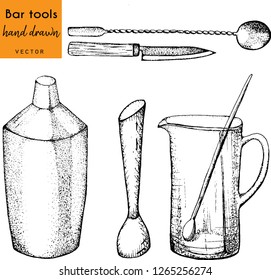 Bartender equipment for making cocktail. .Food and beverages concept.Vector hand drawn illustration.Bar tools. Bar accessories.Muddler, pitcher,shaker, stirring spoon, knife.