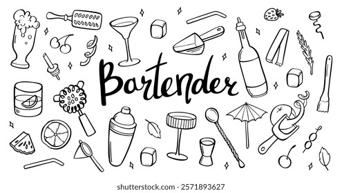 Bartender equipment for making cocktail outline set. Bar tools Hand illustration. Bar accessories. Stirring spoon, muddler, pitcher, jigger, shaker, glass, beer, peel. Sketch style, crooked doodle.