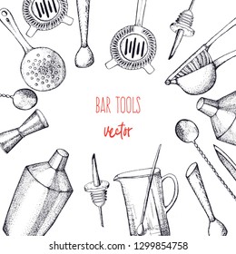 Bartender equipment for making cocktail.Hand drawn illustration.Bar tools. Bar accessories.Stirring spoon, knife,juicer,muddler,pitcher,jigger,strainer,shaker.