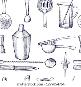 Bartender equipment for making cocktail.Hand drawn illustration.Bar tools. Bar accessories.Stirring spoon, knife,juicer,muddler,pitcher,jigger,strainer,shaker.Seamless pattern.