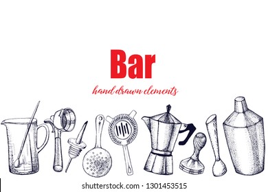 Bartender equipment for making cocktail.Hand drawn illustration.Bar tools. Bar accessories.Stirring spoon, knife,juicer,muddler,pitcher,jigger,strainer,shaker.