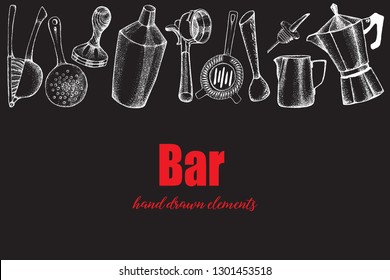 Bartender equipment for making cocktail.Hand drawn illustration.Bar tools. Bar accessories.Stirring spoon, knife,juicer,muddler,pitcher,jigger,strainer,shaker.