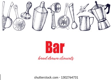 Bartender equipment for making cocktail.Hand drawn illustration.Bar tools. Bar accessories.Stirring spoon, knife,juicer,muddler,pitcher,jigger,strainer,shaker.