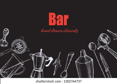 Bartender equipment for making cocktail.Hand drawn illustration.Bar tools. Bar accessories.Stirring spoon, knife,juicer,muddler,pitcher,jigger,strainer,shaker.