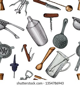 Bartender equipment for making cocktail.Hand drawn illustration.Bar tools. Bar accessories.Stirring spoon, knife,juicer,muddler,pitcher,jigger,strainer,shaker.Seamless pattern.