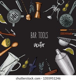 Bartender equipment for making cocktail.Hand drawn colorful vector illustration.Bar tools. Bar accessories.Stirring spoon, knife,juicer,muddler,pitcher,jigger,strainer,shaker.