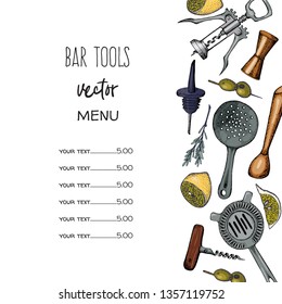 Bartender equipment for making cocktail.Hand drawn colorful vector illustration.Bar tools. Bar accessories.Stirring spoon, knife,juicer,muddler,pitcher,jigger,strainer,shaker.