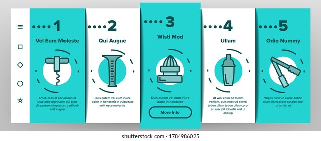 Bartender Equipment Onboarding Mobile App Page Screen Vector. Bartender Shaker And Bucket With Ice, Opener And Corkscrew, Juicer And Spoon Illustrations