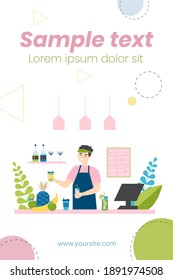 Bartender in fresh bar. Guy in uniform making fruit lemonades, smoothie and cocktails flat vector illustration. Cold drink, refreshment, bar concept for banner, website design or landing web page