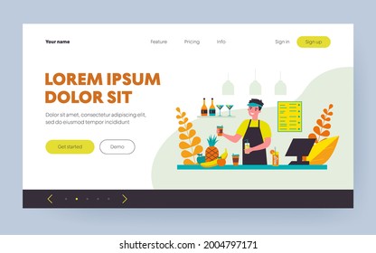 Bartender in fresh bar. Guy in uniform making fruit lemonades, smoothie and cocktails flat vector illustration. Cold drink, refreshment, bar concept for banner, website design or landing web page