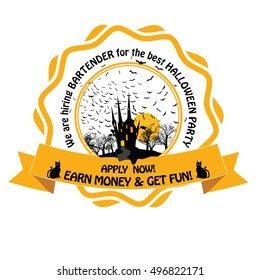 Bartender for Halloween party wanted! - business Halloween sticker / label for print with bats, castle and cats. We are hiring Bartender for the best Halloween party. Apply now! Ear money and have fun