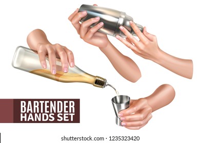 Bartender hands pouring and mixing cocktails realistic set isolated on white background vector illustration