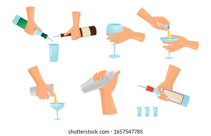 Bartender Hands Pouring and Mixing Cocktails Isolated on White Background Vector Set