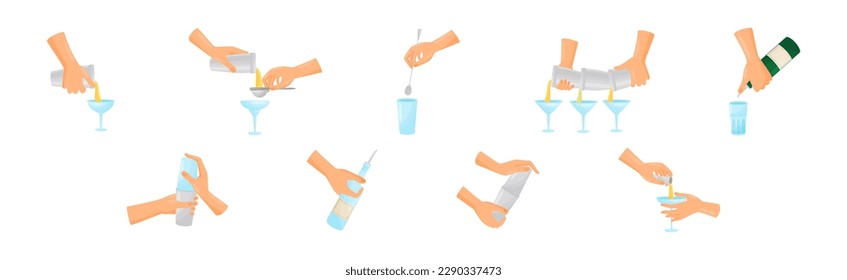 Bartender Hands Pouring and Mixing Cocktails in Glass Vector Set