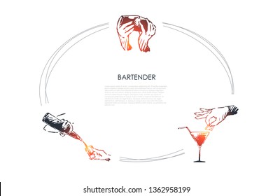 Bartender - hands of bartender shaking cocktail, putting lemon on glass, pouring drink from bottle vector concept set. Hand drawn sketch isolated illustration