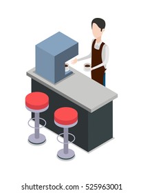 Bartender holding one cup of coffee near bar counter. Two glasses. Brown pinner. Process of making coffee. Two high red seats in front table. Coffee machine on bar counter. Flat design. Vector