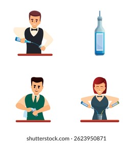 Bartender icons set cartoon vector. Man and woman bartender mixing drink. Cartoon people character