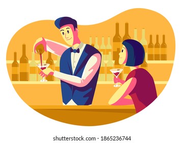 Bartender Illustration, Bartender Serving a Drink for Customer in Bar. This illustration can be use for website, landing page, web, app, and banner.