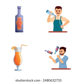 Bartender job icons set cartoon vector. Man bartender mixing drink. Cartoon people character