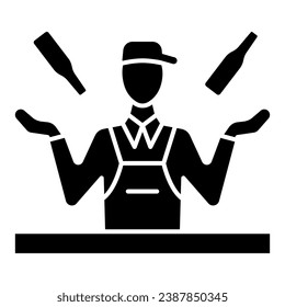 Bartender juggles drinks solid icon, Bartenders Day concept, Bartender juggler sign on white background, barman prepares cocktail icon in glyph style for mobile and web. Vector graphics