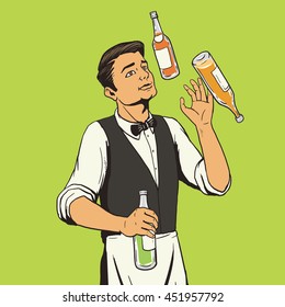 bartender juggling bottles pop art style vector illustration. Comic book style imitation