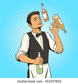 bartender juggling bottles pop art style vector illustration. Comic book style imitation
