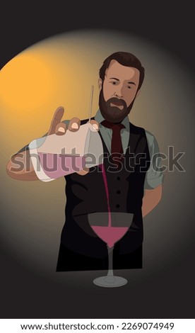 The bartender makes a cocktail. Bar concept. The job of a bartender.Drawing of a bartender in flat style
