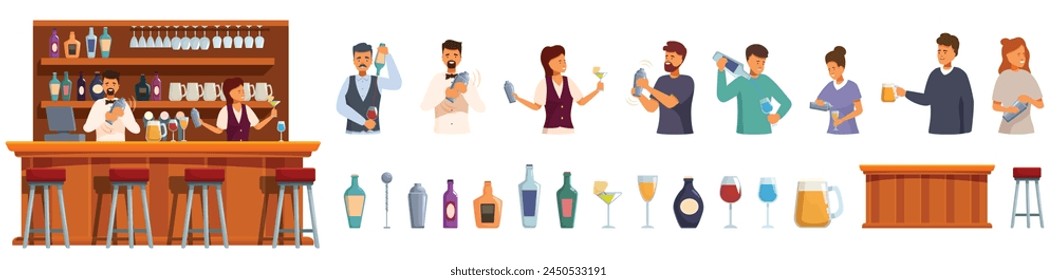 Bartender making cocktail icons set cartoon vector. Pub counter. Indoor shaker