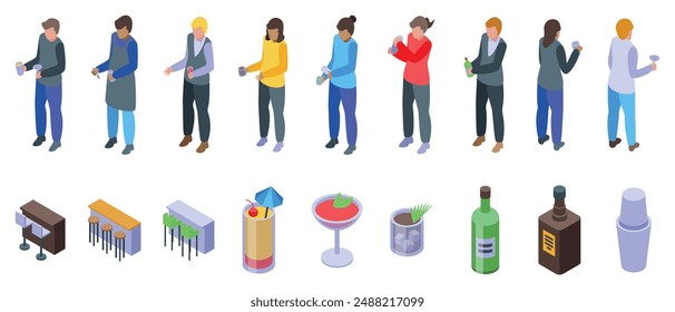 Bartender haciendo iconos de cóctel conjunto. Personas para beber y divertirse en el mostrador, camareros preparando cócteles y sirviendo bebidas
