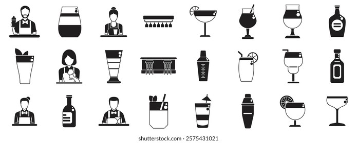 Bartender making cocktail icons set. Bar counter with bartenders mixing drinks, glasses, bottles, and shaker icons set