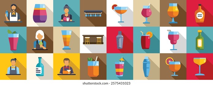 Bartender making cocktail icons set. Flat icon set representing bartenders preparing cocktails and drinks in a bar