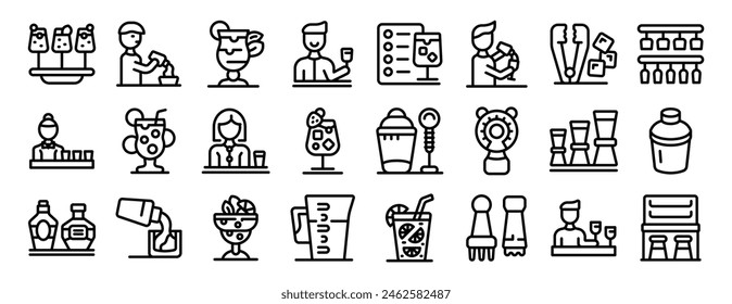 Icono de Vector de cóctel de camarero. Una serie de iconos en blanco y negro que representan varios alimentos y bebidas relacionados con los artículos