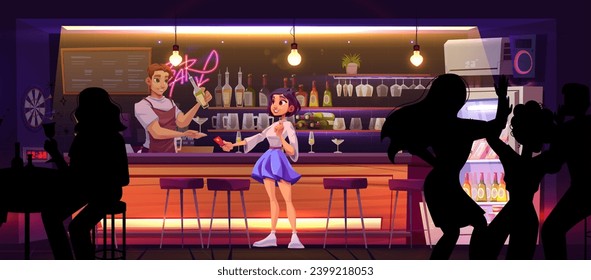 Cóctel de camarero para mujer joven. Dibujo vectorial de siluetas de personas bailando en discoteca, barman sirviendo bebidas, muchacha pagando con tarjeta de crédito, divirtiéndose en la fiesta del fin de semana