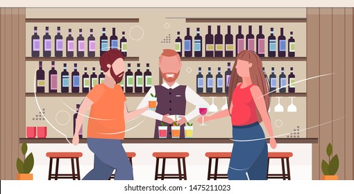 bartender making cocktails and serving fat obese man woman drinking alcohol at bar counter unhealthy lifestyle obesity concept modern pub interior flat horizontal portrait