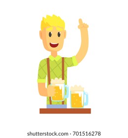 Bartender man character standing at the bar counter with index finger up gesture, barman at work cartoon vector Illustration