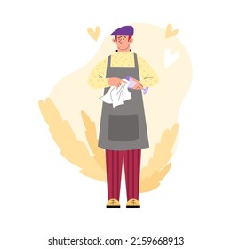 Bartender man full length portrait, cartoon flat vector illustration isolated on white background. Bartender or barman standing in apron and wiping bar glasses.