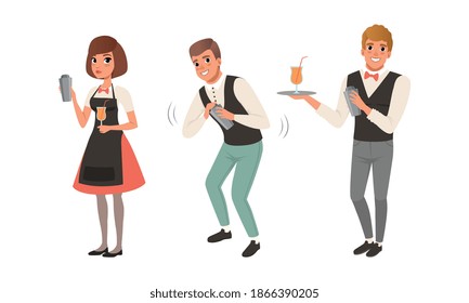 Bartender Man and Woman Character with Bow Tie Shaking Alcoholic Drinks Vector Set