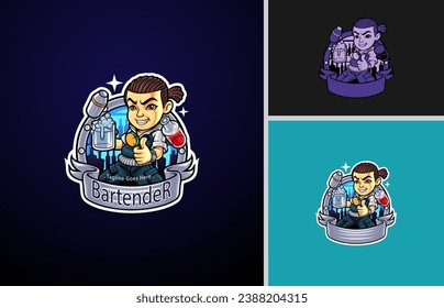Bartender Mascot Logo Design. Attractive male bartender cartoon mascot for cafe, bar, lounge and pub logo design