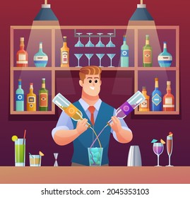 Bartender mixing drinks at bar counter cartoon illustration