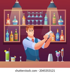Bartender mixing drinks at bar counter concept illustration