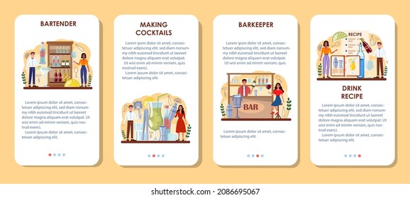 Bartender mobile application banner set. Barman preparing alcoholic drinks with shaker at bar. Barkeeper standing at bar counter, mixing cocktails. Isolated flat vector illustration