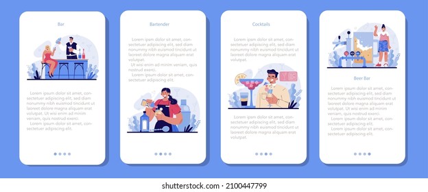Bartender mobile application banner set. Barman preparing alcoholic drinks with shaker at bar. Bartender standing at bar counter, mixing cocktails. Isolated flat vector illustration