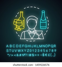 Bartender neon light icon. Barman, barkeeper. Restaurant, bar staff. Catering business. Alcoholic beverage in bottle. Glowing sign with alphabet, numbers and symbols. Vector isolated illustration