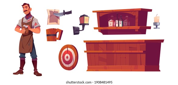 Bartender and old tavern interior with wooden bar counter, shelf with bottles, lantern and beer mug. Vector cartoon man waiter in vintage saloon, darts target and paper pinned by knife